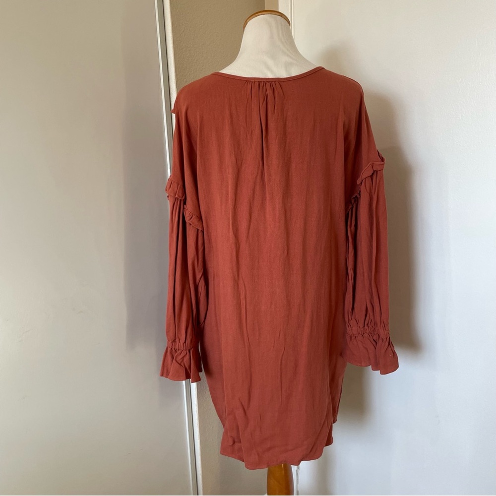 Linen Blend Rust Ruffle Long Sleeve Dress - Picture 5 of 7